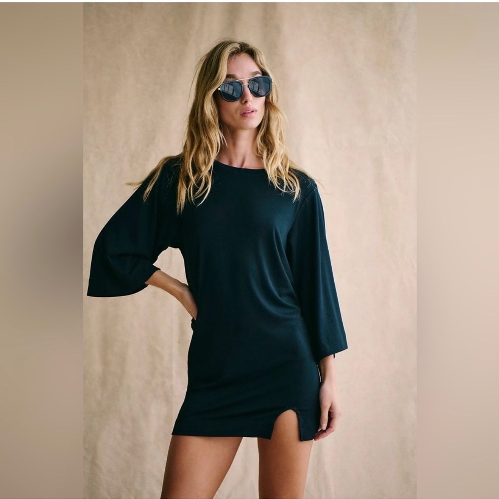Free People Good Feels Tee Mini Dress Black Large New NWT beach casual vacation
